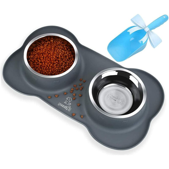 Devenirriche - Non-Slip Dog and Cat Bowl, Stainless Steel Double Dog Bowl with Anti-Spill Silicone Mat, Cat Kitten Puppy Dog Bowl for Foldable (400ml