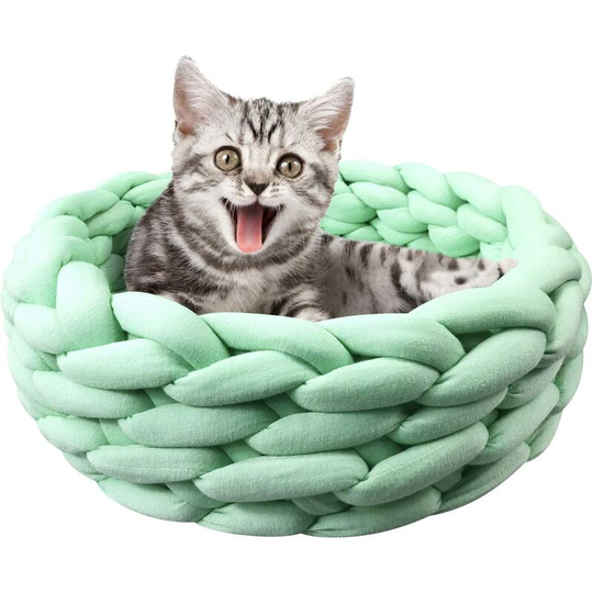 Cotton Knitted Pet Bed Basket Warm Knitted Cat Nest Cozy Cuddle for Dog and Cat (11.8 Inches, Mint Green)