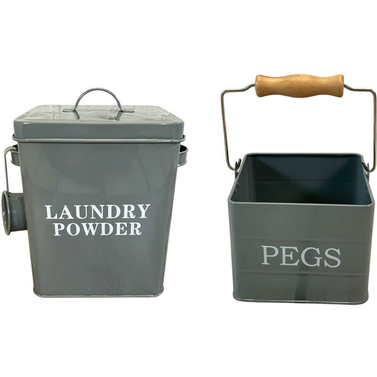 Laundry Powder And Peg Storage Tin Set In French Grey