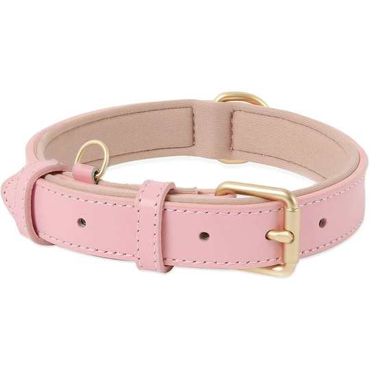 Dog Collar, Leather, Adjustable Dog Collar Soft Cushion Padded Leather for Small, Medium or Large Dogs, Pink, m