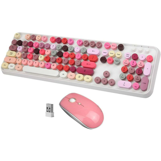 Thsinde - Wireless Keyboard Mouse Combo, 2.4ghz Usb Wireless Typewriter Keyboard With 108 Colorful Round Key, Full Size Office Computer Retro