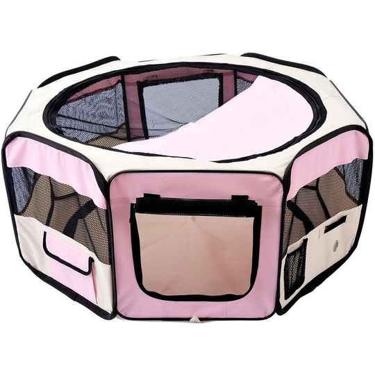 Fabric Pet Puppy Dog Cat Rabbit Pig Guinea Playpen Play Pen Run M Pink and Cream - Pink