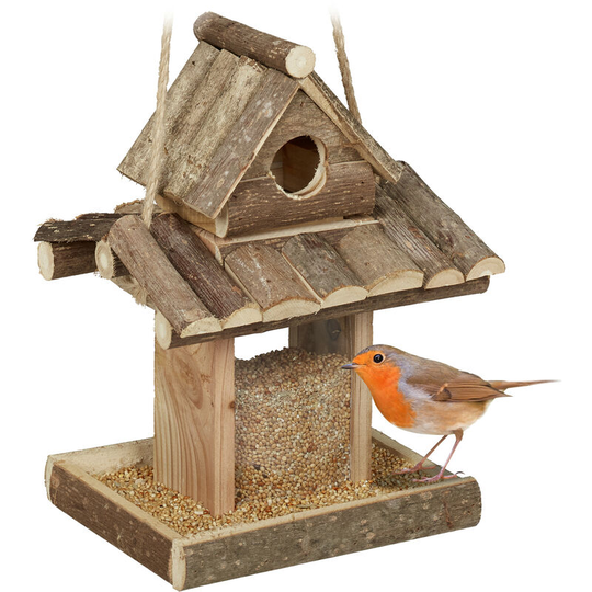 Bird Feeder, Hanging, h x w x d 25 x 17.5 x 16 cm, Garden, for Small Birds, Wood, Natural - Relaxdays