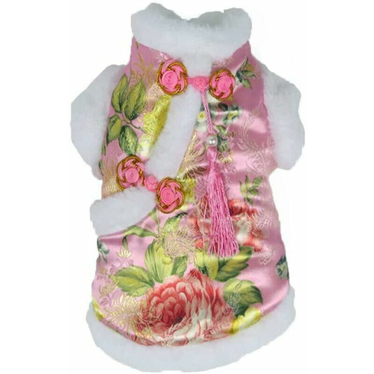 Dog Tang Costume Peony Pattern Pet New Year Dress Tang Dynasty Cheongsam Cat Skirt Schnauzer Teddy French Bulldog (m, Pink)
