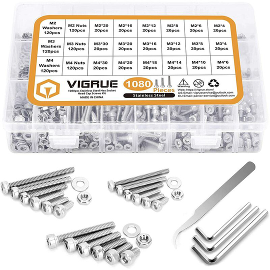 1080pcs M2 M3 M4 M5 Stainless Steel Hex Head Socket Cable Screws Bolts with Nuts Assortment