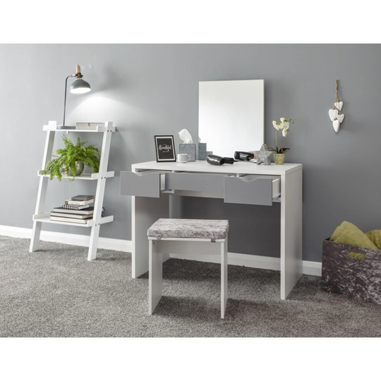 (White) Dressing Table Desk Set 3 Drawers Mirror and Velvet Padded Stool