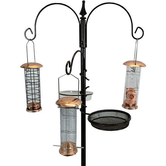 Metal Bird Feeding Station with Copper Style Feeders, Mealworm Tray and Water Dish