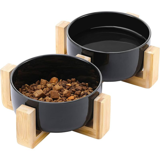 Pet Bowl, Ideal Ceramic Dog Bowls, 2 Convenient Cat Food Bowls with Non-Slip Wooden Bowl Stand, Black