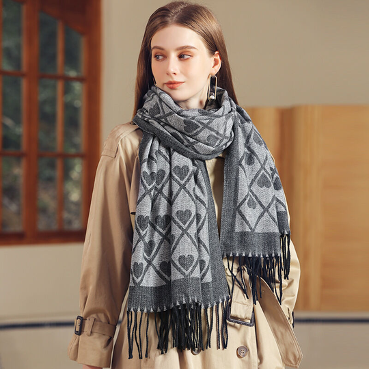 Love printing, autumn and winter scarves, check scarves, fashionable temperament, tassels, warm scarves, shawls, light gray
