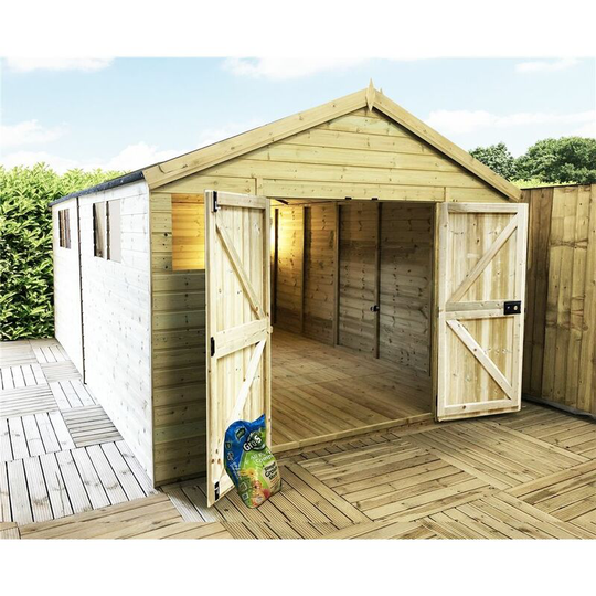 26 x 11 Premier Pressure Treated Tongue And Groove Apex Shed / Workshop With Higher Eaves And Ridge Height 10 Windows And Double Doors (12mm Tongue &