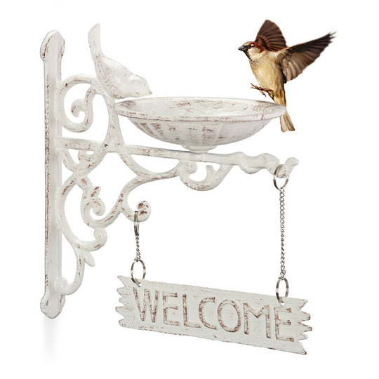 Relaxdays - Bird Bath, Water Bowl, Wall Mountable, Frost-Proof, h x w x d: 25 x 22.5 x 13.5 cm, Cast-Iron, White