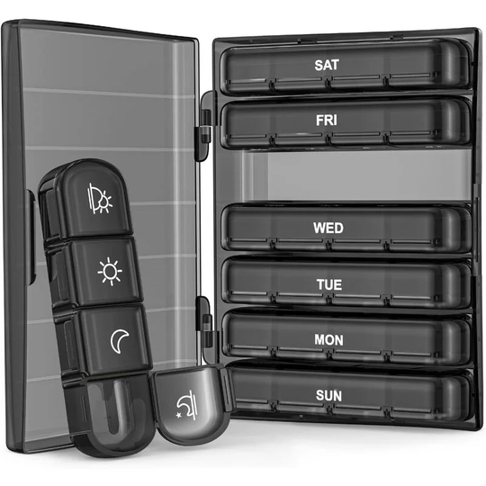 4 Times a Day Weekly Pill Organizer with 7 Large Daily Pill Organizers for Fish Oil, Vitamins, Supplements, Medicines (Black)