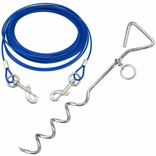 Pet Dog Puppy Outdoor Tie Out Lead Leash Extension Wire Cable Metal Stake Anchor - Blue - Medium