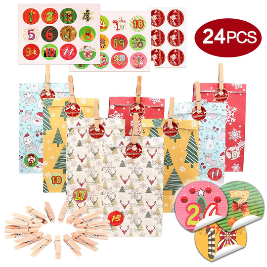Benobby Kids - 24 pieces Christmas Party Treat Bags Christmas Paper Bag For Gifts, Label Stickers Christmas Candy Goodies Gift Present Package Bag