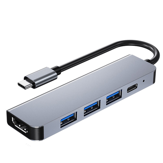 5-in-1 Type-C Hub Multifunctional Type-C Converter Aluminum Alloy Shell with 1*USB3.0 2*USB2.0 hd pd Ports Wide Compatibility
