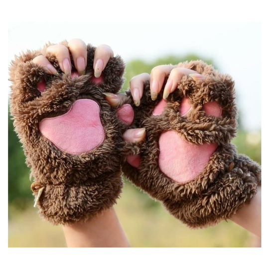 Cute Cat Kitten Paw Fingerless Faux Fur Plush Gloves for Girls Women (Coffee Color)