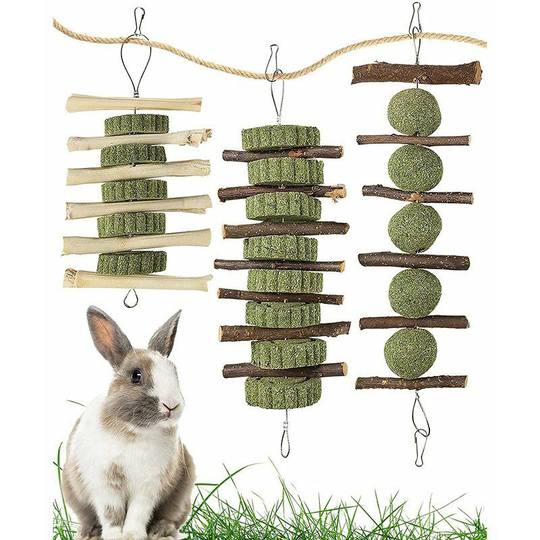 Perle Rare - 3 Pieces Rabbit Rabbit Chews, Handmade Organic Wooden Apple Sticks and Timothy Hay Balls, Improve Pet Dental Health for Rabbit, Guinea