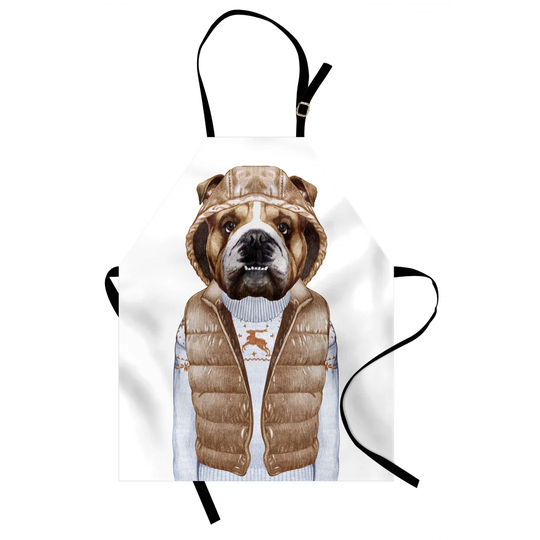 Urban Puppy as a Human in a Down Vest Apron