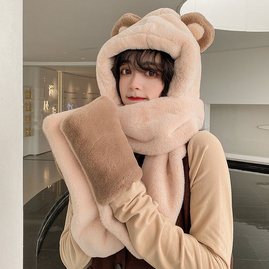 Winter cycling warm hat scarf integration female autumn and winter ear protection hat lovely foreign (beige)