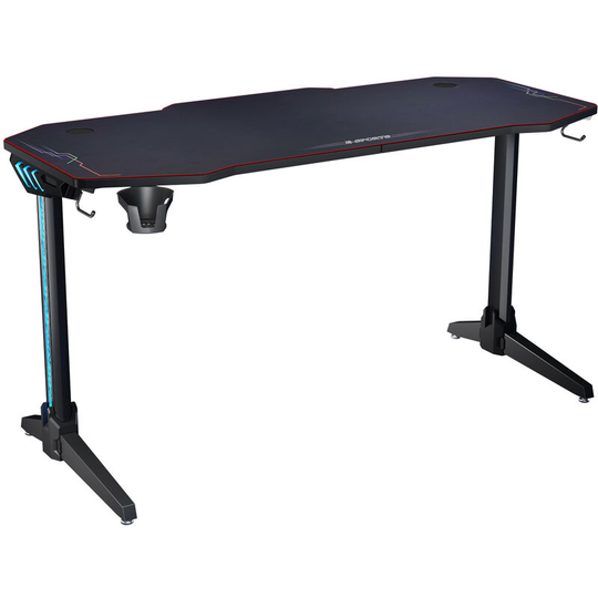 Large Black Gaming Computer Desk with Free Full Mousepad and led Lights 1400x600mm pc Desk with Adjustable legs Home Office with Headphone Hooks and