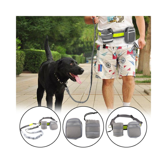 Adjustable Hands Free Dog Lead Walking Running Jogging Waist Belt Leash + Bag UK