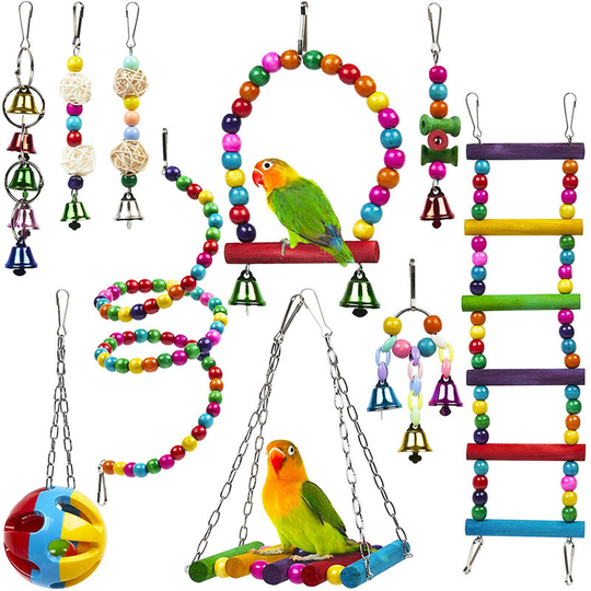 10 Pcs Bird Toys - Colored Climbing Toys, Swings, Ladders, Perches, Bells - for Birdie Parrot Finches Parakeets