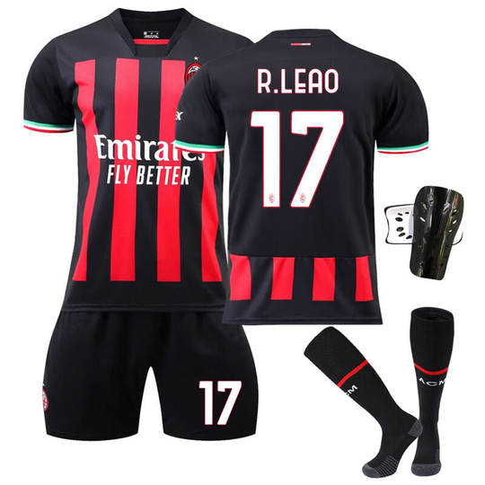 Milan home black red football suit No. 17 with socks+protective gear, children's size 22