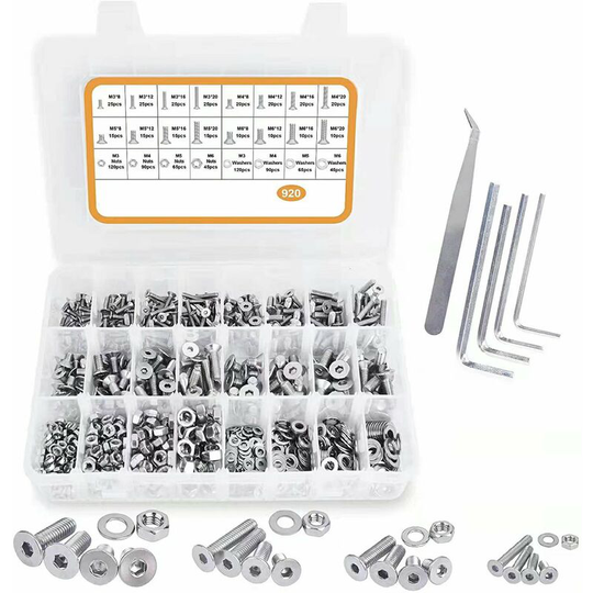 Litzee - 920PCS M3 M4 M5 M6 Stainless Steel Hex Head Button Socket Head Cable Bolts Screws with Nuts Assortment