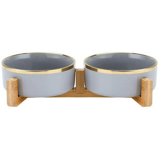 FVO - Gray Phnom Pet Dog and Cat Bowls Ceramic Dog Cat Bowls Bamboo Stand - Dishwasher Safe and Easy to Clean (2 Bowl)