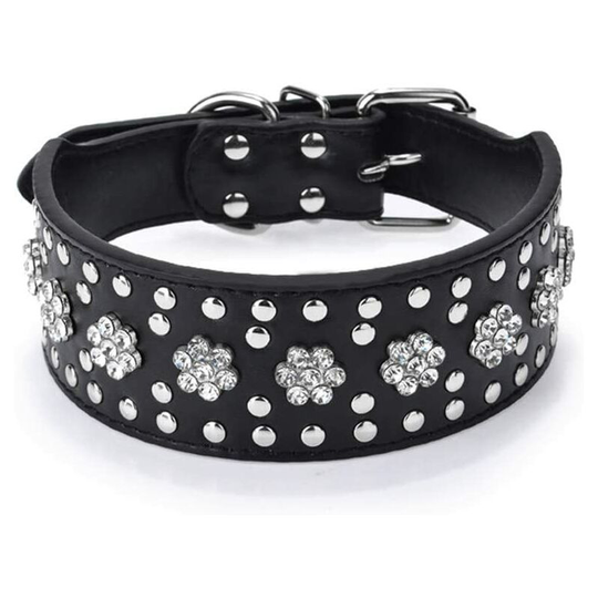 Rhinestones Dog Collars Flower Pattern Rhinestone Studded Leather Sparkly Crystal Diamonds Dazzling Sparkling Elegant Fancy pu Leather Dog Collar for