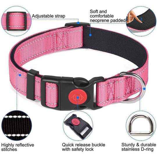 Dog Collar, Classic Adjustable Reflective Nylon Collar with Soft Breathable Mesh Padded for Small Dogs,M, Hot Pink