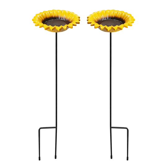 (Set of 2) Cast Iron Sunflower Garden Ornament Wild Bird Dish Seed Feeder Dish Bath