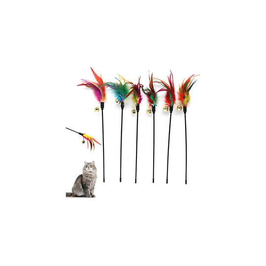6Pcs Cat Feather Wand Toys, Cat Color Vary Feather Teaser Exerciser Wand, Colorful Feathers Bell Toys for Cat and Kitten
