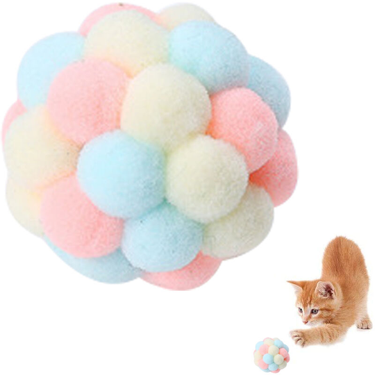 Colourful Cat Ball, Handmade Plush Bouncy Ball and Bark Interactive Toy for Cats Kittens Training, yellow powder blue