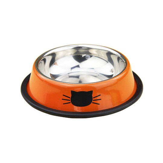 Stainless Steel Pet Cat Bowl Puppy Dish Bowl with Cute Cats Painted Non-Skid for Small Dogs Cats(Orange) 12x3.5x15.2cm