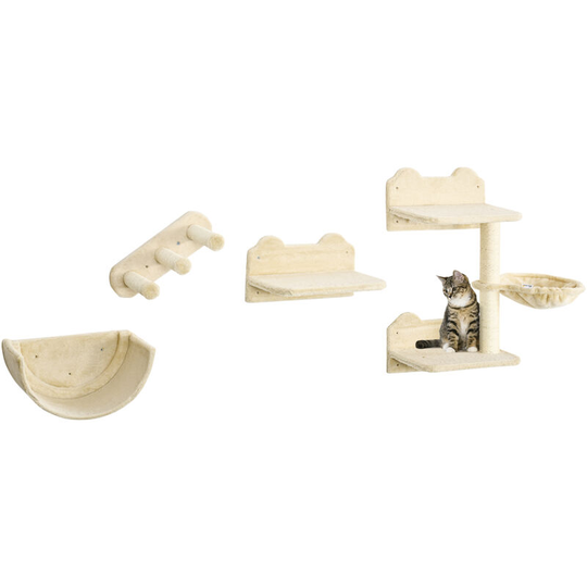 4PCs Wall Mounted Cat Tree Cat Wall Shelves Furniture Scratching Post - Beige - Pawhut