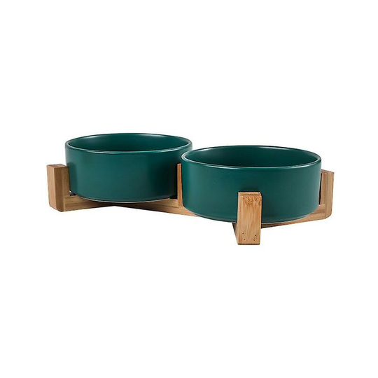 Thsinde - Ceramic Cat Dog Bowl Dish With Wood Stand No Spill Pet Food Water Feeder Cats Small Dogs Pet Bowl Double Bowls-Green-S ssxjv