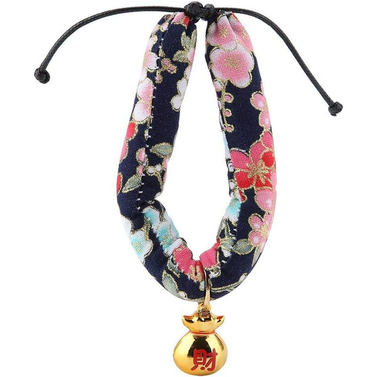 Handmade Japanese Style Dog Collar Flower Print Pet Dog Collar Cat with Fortune Cat Bell Tie Adjustable for Small Dogs ((Blue m))