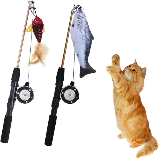 2PCS Interactive Cat Toy, Interactive Fishing Toys for Cats, Retractable Cat Fishing Rod (Goldfish, Salmon)