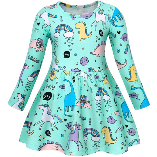 (AmzBarley(3-4Y)) AmzBarley Little Girls Unicorn Dinosaur Kitten Cat Patterns Dress Childs Party Outfit Kids Long Sleeve Cartoon Animals Casual Dress