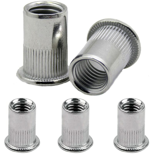 M6 Rivet Nut Insert,100pcs M6 Flat Head Aluminum Nut Stainless Steel Flat Head Riveting Nuts for Rivet Gun Riveter Gun Tool, Knurled Head Nutserts