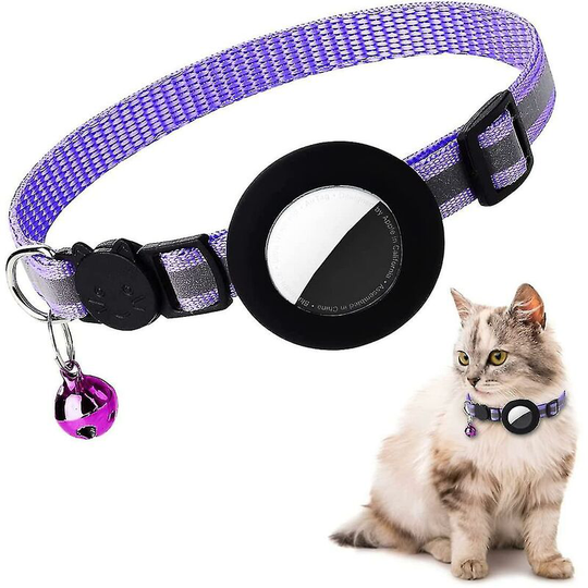 Airtag Cat Collar, Reflective Airtag Cat Collar With Bell And Silicone Waterproof Airtag Holder_(costbuy) Purple-Black