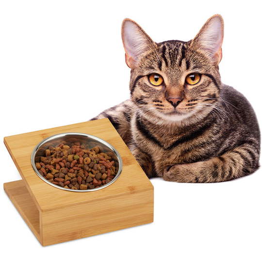 Relaxdays - Bowl Holder, Feeding Station for Cats & Dogs, Tilted Stand for Food & Water, hwd 10x18x18 cm, Natural
