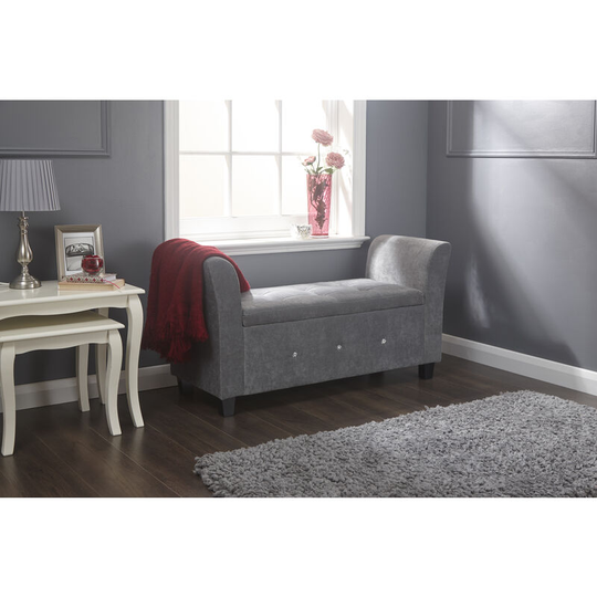 Verona Ottoman Storage Bench Window Seat Blanket Box - Diamante Chenille Fabric Grey