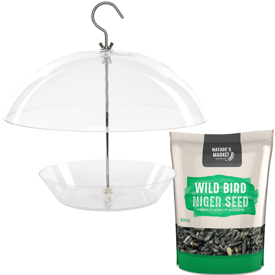 1 x Simply Direct Clear Tray Bird Feeder Large Adjustable Protective Dome with 0.9KG Bag of Niger Seed Feed