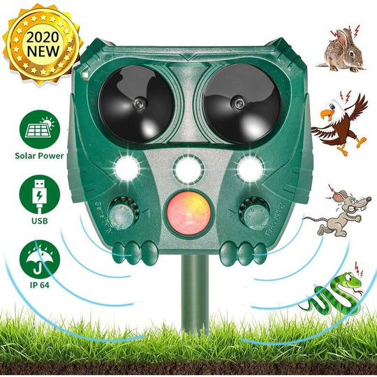 Solar Ultrasonic Animal Repeller, Cat Scare Animal Repeller, Marten Repeller with Motion Sensor and Flash for Cats, Deer, Rats, Dogs, Birds