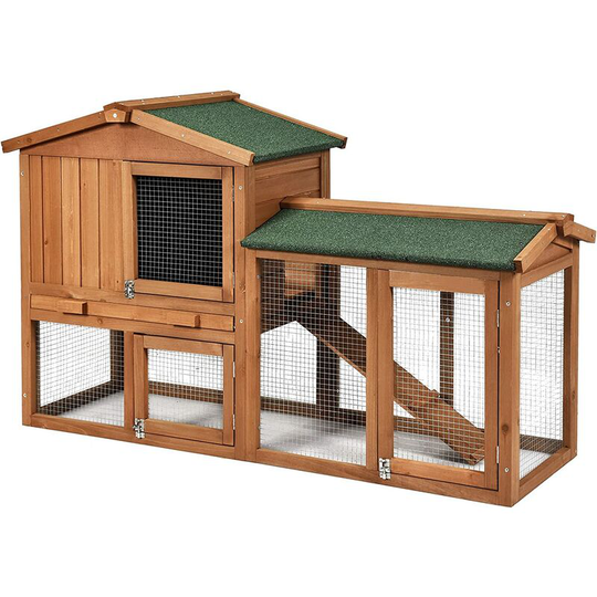 COSTWAY Chicken Coop and Run, Wooden Rabbit Hutch Bunny Home with Ventilation Door, Removable Tray & Ramp, Outdoor Hen House Guinea Pig Cage