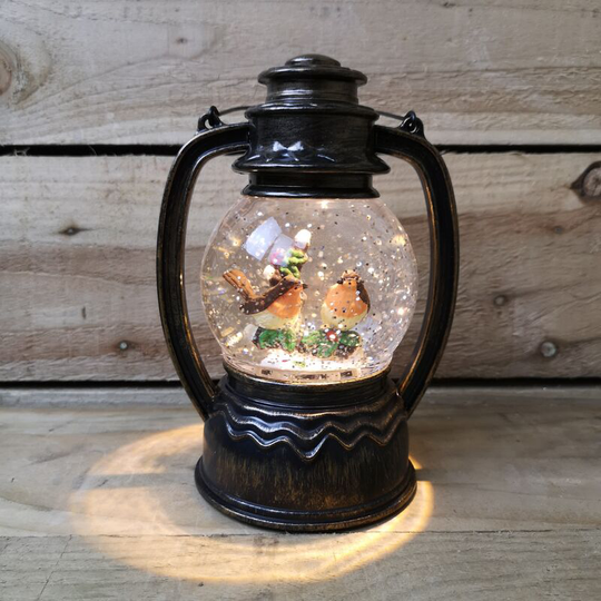 Battery Operated 20cm Water Spinner Round Lantern With 2 Robins Warm White LEDs - Snowtime