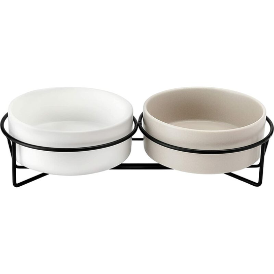 Ceramic Cat Bowl, Double Bowl for Cat Lunch, Elevated Kitten Bowl for Food/Water - Gray+White