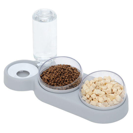 Double Raised Cat Bowl, 15° Tilt Anti-Vomiting Cat Bowl Pet Bowl 3-in-1 Automatic Water Storage (Grey)